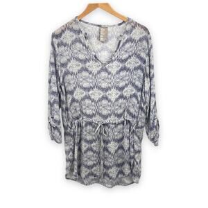 Dolan Left Coast Collection blouse navy gray gauze Ikat tab sleeve tunic top XS